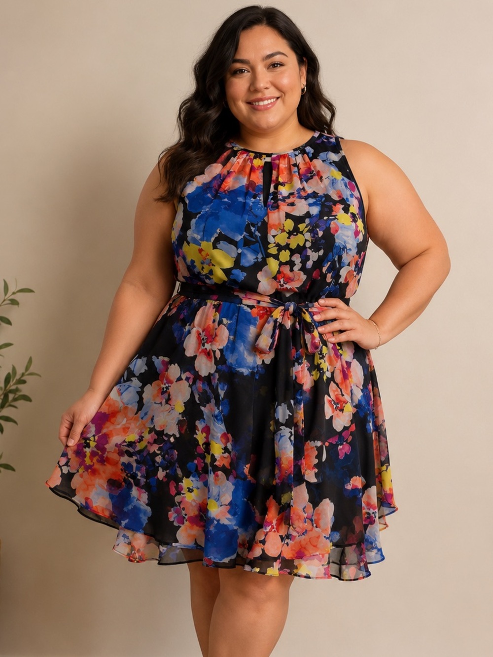 Tahari Black Floral Halter Mini Dress